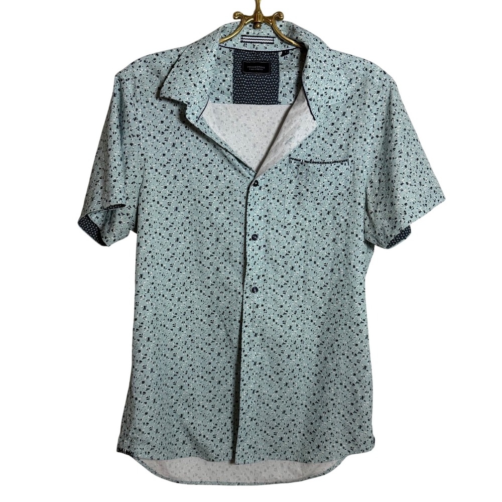 7 Diamonds Freedom Train Mens Small 4-Way Stretch Short Sleeve Shirt Blue Print